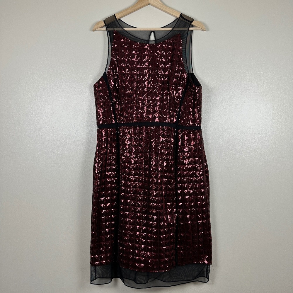 Julia Jordan Women's 14 Sequin Shift‎ Dress Burgundy Mesh Overlay Party